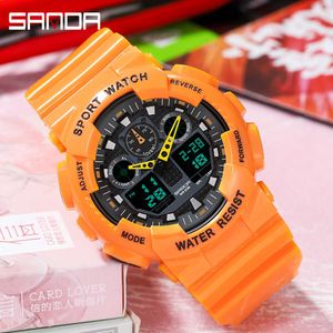 Sanda New Top Brand Mens Women Watch Luxury Dual Dial Electronic Armbandsur Shocksäker Vattentät Klocka LED Light Klockor 3099 G1022