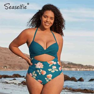 Seaselie Plus Size Underwire Push Up Teal Floral Swimsuit Kobiety Duży Monokini Kostium Kąpielowy Plaża Swimwear 210712