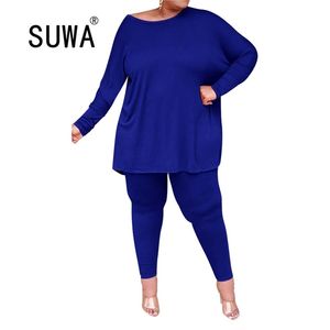 Casual Home Wear Wholesale Plus Size 5XL Workout Clothes Solid Long Sleeve Loose T-Shirt Top Skinny Pants Woman Two Piece Set 210525