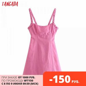 Tangada Summer Women Solid Pink Backless Mini Dress Strap Regola senza maniche Fashion Lady Sundress 3H375 210609