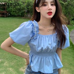 Ezgaga Lato Nowe Chic Kobiety Bluzka Rękaw Puflowy Kwadratowy Kołnierz Ruched Solid Pearl Crop Topy Słodkie Koreańskie Koszulki Mody Casual 210430