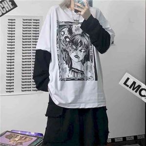 Long-sleeved T-shirt Autumn Korean Style Harajuku Bf Dark Girl Printing Loose Fake Two-piece Female Student Top Shirts 210720