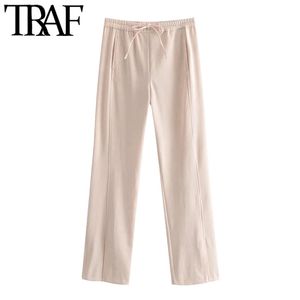 Women Chic Fashion Slit Hem Side Pocket Wide Leg Pants Vintage High Elastic Waist Drawstring Female Trousers Mujer 210507