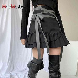 Mulheres Alto Cintura Mini Saia Gótico Lolita Kawaii Bow Bandage Lace Up Pleated Ruffles Bolo Saias Harajuku Y2K Roupa Streetwear 210517