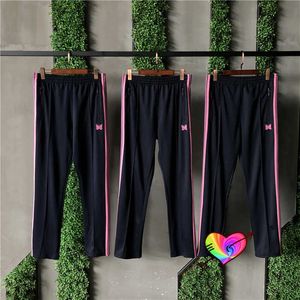 Butterfly Embroidery Needles Pants Men Women High Quality Pink Side Stripe Ribbon AWGE Needles Track Pants Trousers X0628