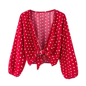 Sexy Polka Dot Printing Red Women Blouse Shirt Vintage Summer Casual Holiday Beach Style Tops Boho Three Quarter Sleeve 210430