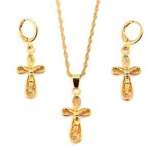 Partihandel Jesus Cross Pendant Halsband Örhängen 24 K Fine Yellow Gold GF Egyptiska uppsättningar Kvinnor Egypten Hieroglyphs Charm Smycken