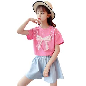 Crianças roupas meninas curva tshirt + curta costura para roupa de verão Outfit estilo casual set 210527
