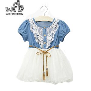 Detaljhandel 2-8 år klänning fold denim solid färg klänning barn barn vår sommar höst fall q0716