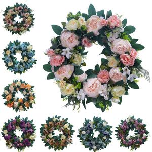 Front Door Rose Wreath Artificial Pink Red Roses Hydrangea Green Leaves Garland Mother's Day Wedding Home Decor