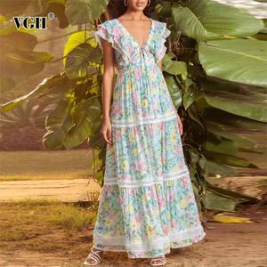 Abito in pizzo patchwork con stampa vintage per le donne con scollo a V senza maniche a vita alta coreana elegante maxi abiti moda estiva femminile 210531