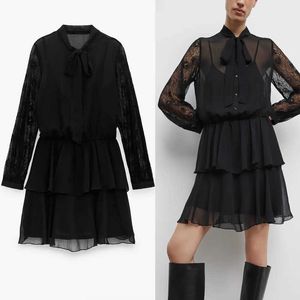 ZA Transparent Lace Long Sleeve Dress Women Ruffle Bow Elastic Waist Vintage Dresses Chic Flounced Hem Lining Vestido 210602