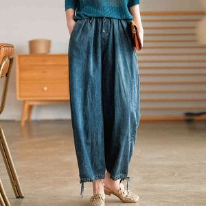 Johnature Spring Ankle-Length Denim Pants Vintage Wide Leg Pants Elastic Waist Loose Comfortable Women All-match Pants 210521