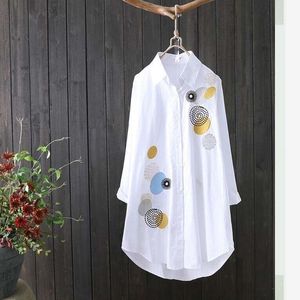 New Women White Shirt 100% cotton Casual Wear Button Up Turn Down Collar Long Sleeve Blouse Embroidery Feminina F106 210320