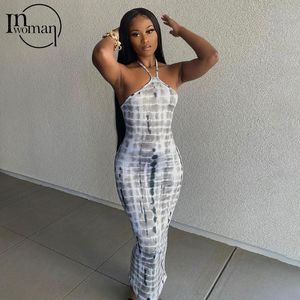 Casual Dresses INWOMAN Sexy Clubwear Backless Striped Long Dress Women Bodycon Sleeveless Pencil Halter Ladies Party Booty Maxi