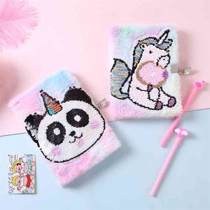 Cute Unicorn Notebook with Lock A5 Journal Kawaii Cat Diary Notepad Plush Note Book Line Agenda Planner Organizer Daily Handbook 210611