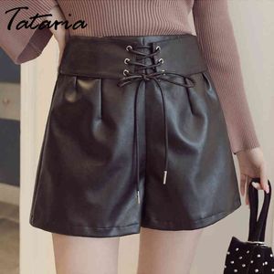 Tataria Women Black PU Leather Shorts High Waisted Wide Leg Faux Female Autumn Winter Zipper 210514