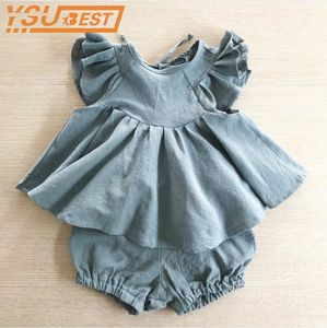 Criança Kid Meninas Conjuntos de roupas Terno Europeia América Verão Ruffles Princesa Bebé Menina Blusa + shorts moda roupas 210429