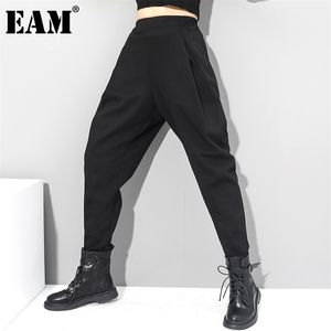 [EAM] Wysokiej elastycznej talii czarne krótkie krótkie spodnie haremowe luźne fit spodnie moda wiosna jesień 1dc419 211112