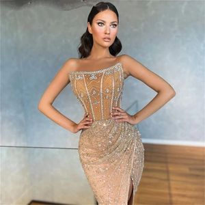 Sexy Arabic Dubai Champagne Evening Dresses Strapless Front Split Beads Plus Size Party Prom Gowns Vestidos De Novia