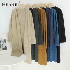 Solid stickad lång tröja Kvinnor Batwing Sleeve Loose Casual Cardigans Tröjor Ficka Mjuk Hem Stil Dam Toppar 210508