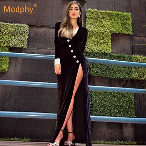 Trendy Crystal Button Design Sexy Deep V Neck High Split Celebrity Evening Party Velvet Maxi Long Dress 210527