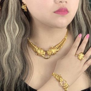 ANIID Dubai Gold Schmuck Sets Für Frauen Große Tier Indische Schmuck Afrikanische Designer Halskette Ring Ohrring Hochzeit Zubehör 210619