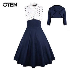 OTEN Herbst Elegante Frauen Zwei Stücke Kleid Set 2 Stück Polka Dot Gedruckt Party Pin Up Vestidos Retro Vintage Rockabilly 3XL 210319