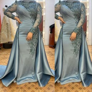 Blue Elegant Light Mulim Mother Of Bride Dree Long Sleeve Lace Applique Crytal Bead Mermaid Floor Length Plu Size Wedding Evening Party Prom