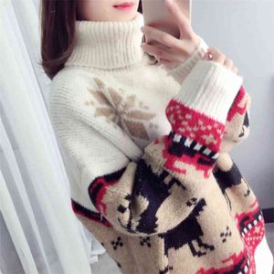 Net Red Sweater Women Loose Korean Version Lazy Wind Turtleneck Jul Höst och Vinter Pullover 210427