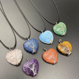 Heilkristall Naturstein Anhänger Baum des Lebens Wire Wrap Herzanhänger Türkis Tigerauge Lapsi Rosa Kristall Seil Kette Halsketten Großhandel Schmuck Geschenk