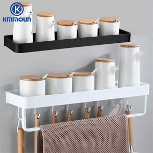 White / Black Kitchen Storage Rack Shelf Spice Bottle Space Aluminum Multi-function Towel Bar Hook 211112