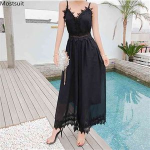 Sommar Chiffong Lace Sexiga Jumpsuits Kvinnor Spaghetti Deep V-Neck Wide Leg Ropa Mujer Koreanska Svart Vit 210513