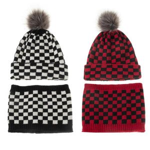 Hats, Scarves & Gloves Sets 4Pcs Parent-child Knitted Hat Scarf Set Fall Winter Ladies Baby Red/White Black Plaid Plush Ball Decoration Warm