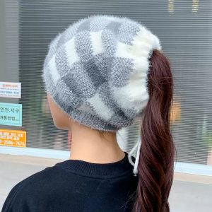 Beanie/Skull Caps Retro Plaid Hat Winter Thick Warm Brand Female For Women Foldable Knitted Casual Beanies Cap Outdoor Hair