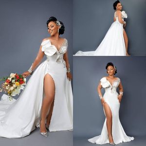 Arabic Aso Ebi Mermaid Lace Crystals Wedding Gowns Sheer Neck High Split Detachable Long Sleeve African Nigerian Bridal Dresses
