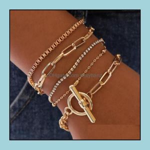 Charm Bracelets Jewelry S1389 Fashion Mti Layer Bracelet Set Ot Buckle Rhinstone Beads Geometric Hollowed Chain Sjiyu