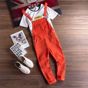 Fashion Men's Bib Overalls Pencil Pant Orange Solid Color Casual Korean Style Man Black Jumpsuits Rompers Ankle-Length 210715