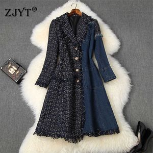 Runway moda inverno tweed jaquetas de lã e casacos mulheres denim retalhos retalhos xadrez vintage longo lã mistura sobretudo outerwear 210601