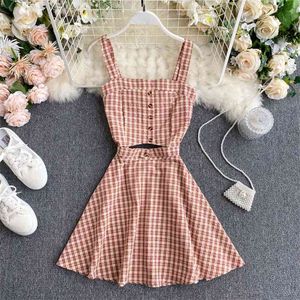 Sommer frauen Anzug Koreanische Retro Quadrat Kragen Plaid Hosenträger Kurze Top + Hohe Taille Rock Sets Dünne Weibliche DE004 210506