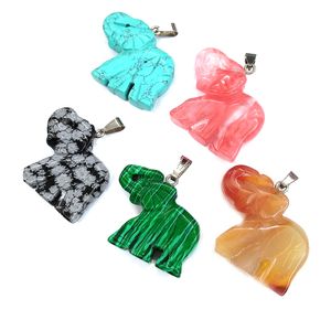 Natural Semi-precious Stone Elephant Charms Rose Quartz Healing Reiki Crystal Pendant DIY Necklace Earrings Women Fashion Jewelry Finding 35x40mm