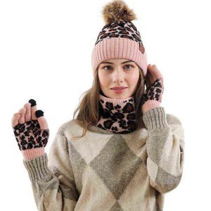 3pcs Women Winter Pompom Beanie Hat Scarf Touch Screen Gloves Set Warm Knit Leopard Print Skull Cap Plush Lined Warmer