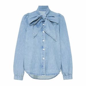 WOAH XD2949 Gömlek Bluz Kadınlar Blusa Feminina Blusas kadın Yeni Yay Süslenmiş Denim Gömlek Top 210317