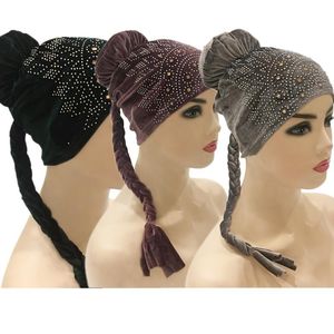 Roupas étnicas 3 pcs Mulheres Muçulmanas Hijabs Turbante Longo Trança Nó Rhinestone Velvet Bonnet Gorros Islâmicos Calássicos Cancros Cancro Headwrap