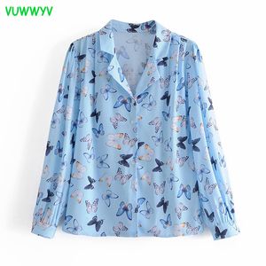 Vår Chic Blue Butterfly Print Kvinnor Skjorta Elegant Casual Streetwear Button Up T Shirts Kvinna Långa Pläterade Ärmplåtar 210430