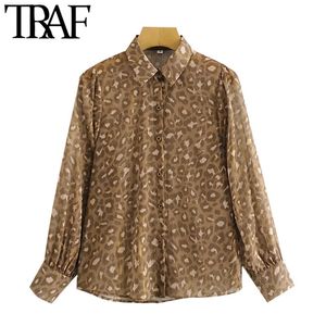 Women Fashion Semi-Sheer Metallic Thread Leopard Blouses Vintage Long Sleeve Button-up Female Shirts Chic Tops 210507