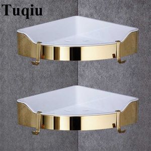 Köşe raf altın paslanmaz çelik + ABS banyo rafları krom duvar montaj üçgen duş caddy raf banyo aksesuarları 211112