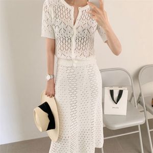 Verão Coreano Casual Knit 2 Piece Set Mulheres Coração Super Cardigan + Bodycon Saias Sets Sets Feminino Duas Roupas 210514