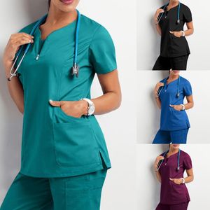 Fashion Blouse Tops Soild Short Sleeve V-neck Working Uniform Printing Shirt Pet Scrubs Costume