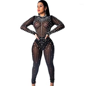 여성용 Jumpsuits Rompers 2021 여름 여성 섹시한 스팽글 See-Through 긴팔 지퍼 다이아몬드 Bodysuits Playsuit Club Beading Party Outf